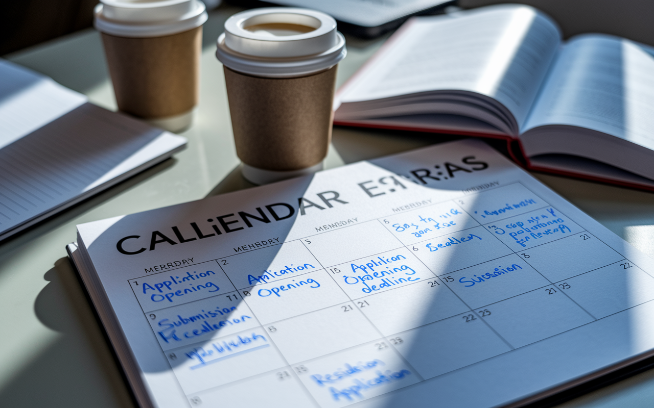 A close-up of a calendar on a desk with handwritten notes highlighting key ERAS dates, such as application opening and submission deadlines. Scattered coffee cups and textbooks reflect late-night study sessions. The early morning light casts soft shadows, creating a sense of urgency and anticipation for the upcoming residency application process.