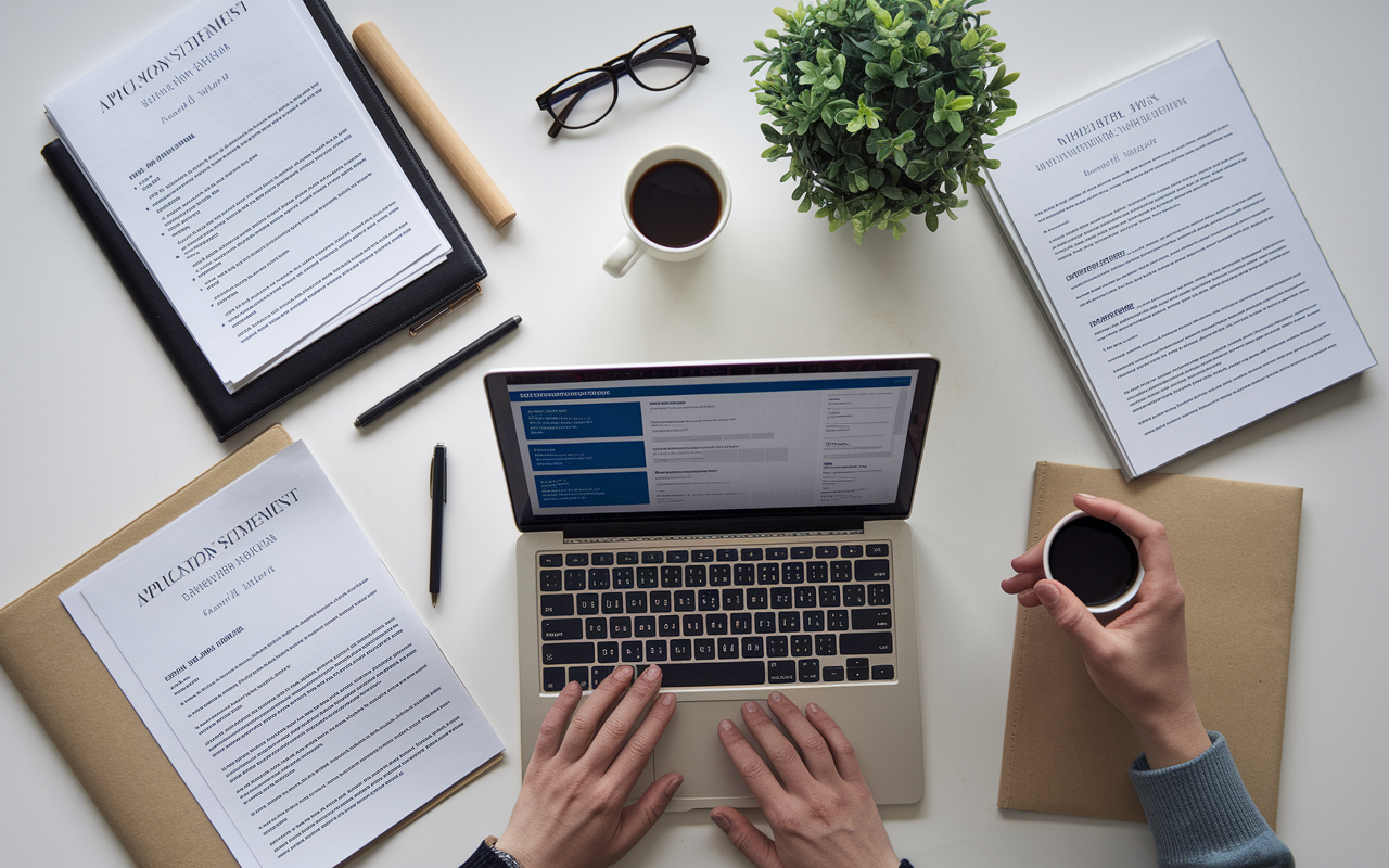 An overhead view of a desk cluttered with application documents, a well-crafted personal statement, and a neatly organized CV. A laptop displays a screen with an open ERAS application, while a cup of coffee sits beside a potted plant, providing a serene ambiance amidst the busy application process.