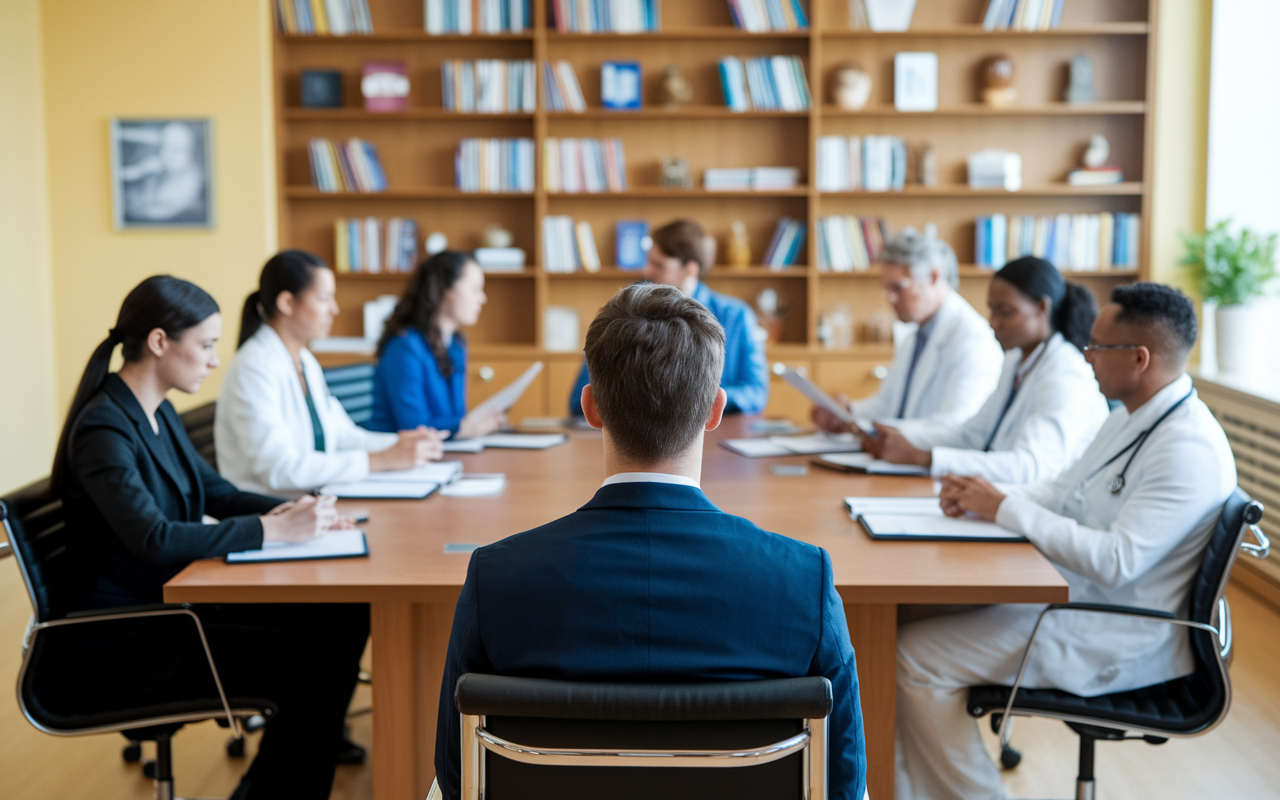 A medical candidate in formal attire sits nervously in a brightly lit conference room, waiting for their residency interview. A panel of interviewers, diverse in gender and ethnicity, prepares their questions, surrounded by a warm and welcoming atmosphere filled with medical literature and hospital artifacts on the walls.