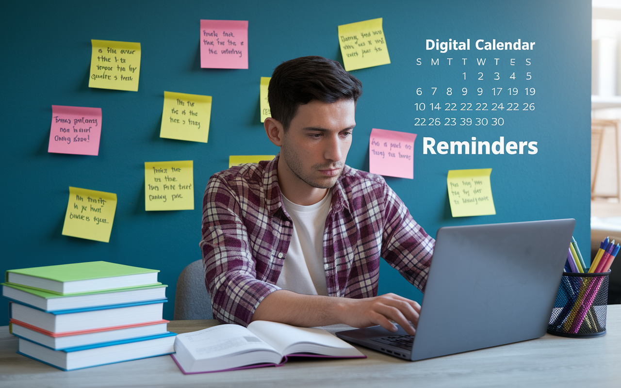 A focused student organizes a digital calendar on a laptop, outlining ERAS deadlines and reminders. Sticky notes with motivational quotes and reminders are plastered around the workspace, creating an inspirational environment filled with medical textbooks and study materials, indicative of diligent preparation.