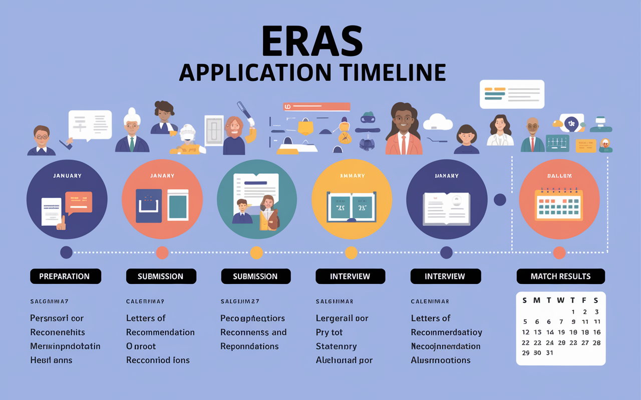 A stylized infographic illustrating the ERAS application timeline from January to March. Each month is represented with key activities such as preparation, submission, interview, and match results. Include various icons for personal statements, letters of recommendation, and a calendar. The design should be clear, engaging, and educational, suitable for an academic setting.