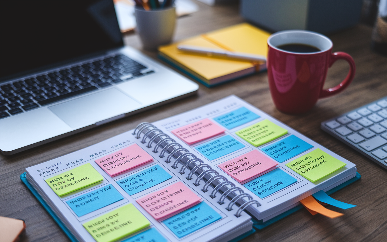 A close-up image of a planner filled with neatly organized notes and timelines dedicated to preparing an ERAS application. Highlight key deadlines in vibrant colors and include sticky notes for reminders. The setting should evoke productivity—perhaps including a laptop, a motivational coffee mug, and comfortable office lighting, all on a wooden desk.