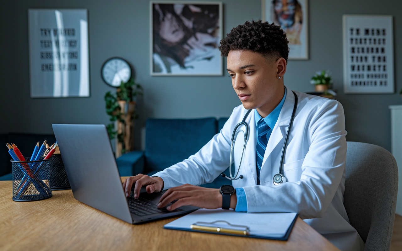 A focused medical student on the day of their ERAS application submission, double-checking their uploaded documents on a sleek laptop. The setting is a cozy study room with motivational posters on the wall, a clock showing an early morning hour, and a serene atmosphere filled with anticipation. The student displays confidence mixed with nervous energy as they finalize their submission.