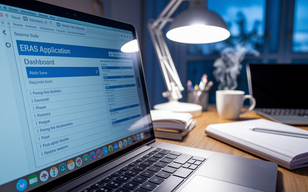 A close-up of a computer screen displaying the ERAS application dashboard, with a filled-out personal statement and a checklist of required documents visible. The background shows a cluttered desk with medical textbooks, a laptop, and a steaming coffee mug. The soft glow of a desk lamp creates a focused environment, emphasizing the dedication of students preparing for their residency applications. The time on a nearby clock reads late evening, highlighting the commitment required for this process.