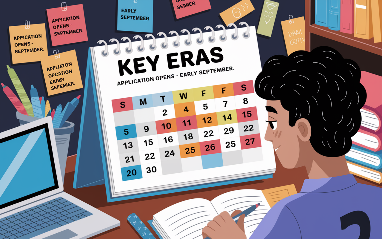 An infographic-style calendar page showcasing key ERAS application deadlines, with dates like 'Application Opens - Early September,' highlighted in bold colors. Surrounding visuals include sticky notes, a laptop, and medical books, with a focused young applicant reviewing the calendar. The setting is a cozy study room filled with warm light, symbolizing the importance of organization in the application process.