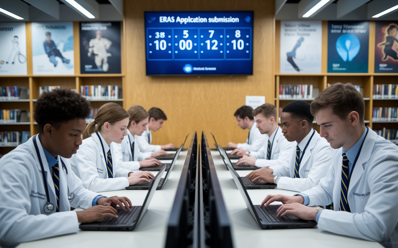 A group of medical students in a library environment, each at their own desks, intensely focused on their laptops. Overhead, a digital screen displays a countdown timer to ERAS application submission, creating a sense of urgency. The lighting is bright yet soft, illuminating the determination on the students' faces. Various health and medical posters adorn the walls, enhancing the atmosphere of preparation and competition.