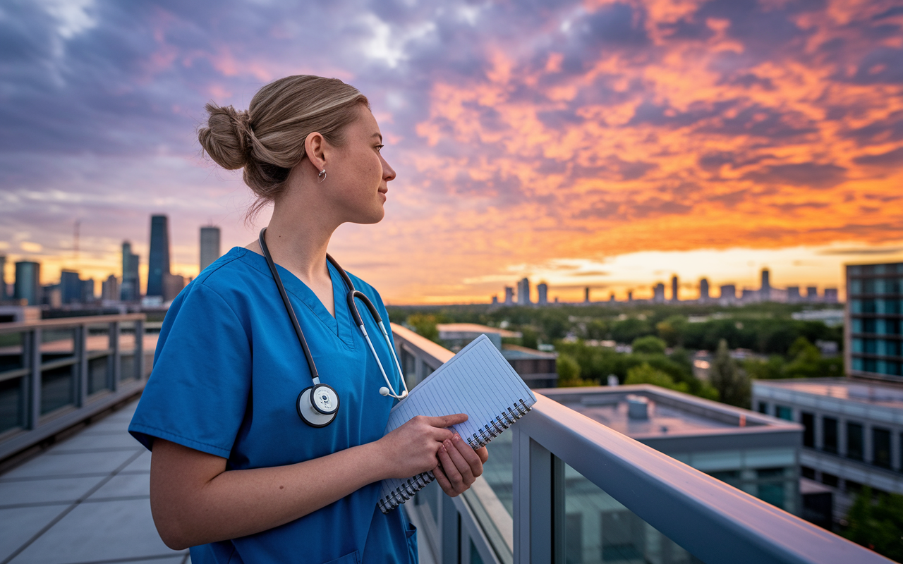 An inspiring scene of a medical student looking out over a scenic view from a hospital rooftop at sunset, reflecting on their journey towards residency. The student, in scrubs, appears hopeful and determined, with a notebook in hand, symbolizing dreams and the future. The sky is ablaze with orange and purple hues, conveying optimism and the spirit of overcoming challenges in the application process. The backdrop includes a bustling city skyline, hinting at the opportunities ahead.