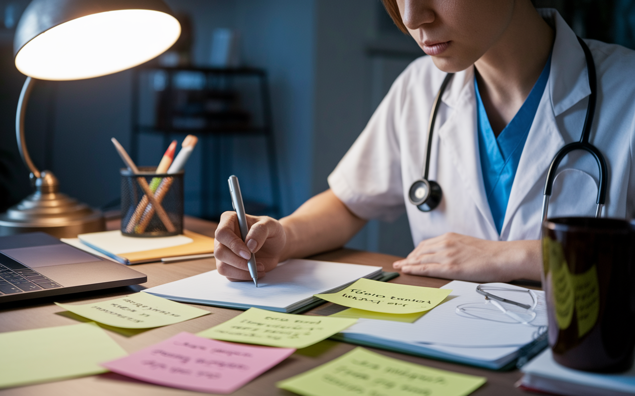 A close-up of a young medical graduate sitting at a desk, brainstorming and drafting a personal statement. The desk is illuminated by a warm lamp light, surrounded by notes, a laptop, and a coffee mug. The expression on their face is one of concentration and inspiration, while visible sticky notes are filled with ideas and reminders about tailoring the application.