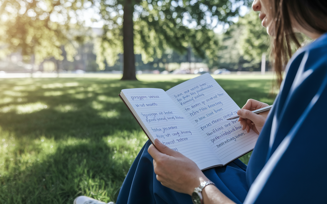 A contemplative medical graduate sitting in a peaceful park, gazing at a notebook filled with notes on program values and personal goals. The peaceful outdoor setting, with trees and sunlight filtering through leaves, emphasizes introspection and thoughtful decision-making.