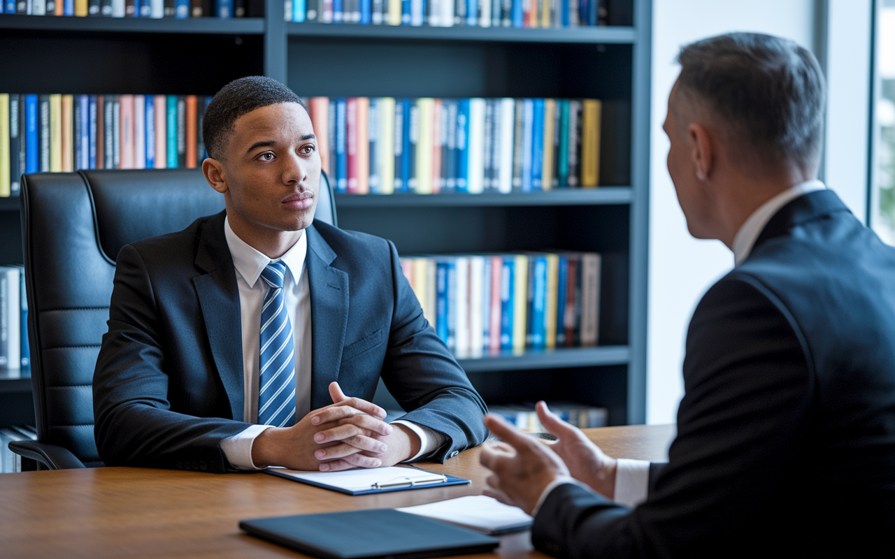 A medical student in a formal outfit sitting at a conference table for a mock interview, opposite a mentor giving feedback. The setting is a well-lit room with medical books on the shelves, conveying a serious yet supportive atmosphere. The student's expression is a mix of nervousness and determination.