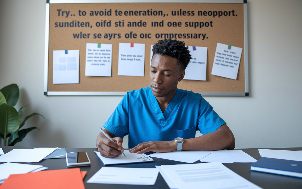 A medical graduate sitting at a desk, making a list of potential letter writers with a focused expression. Papers, a phone, and a notepad are scattered across the desk. The background shows a bulletin board with inspirational quotes and reminders, emphasizing the importance of strong support.