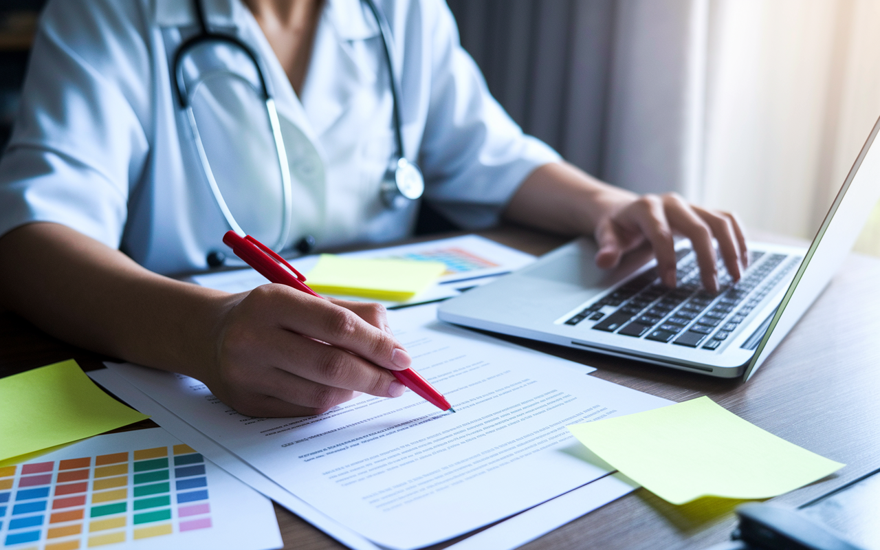 A focused medical student reviewing their application materials on a laptop, with a red pen in hand, making edits on printed copies. The lighting is bright, emphasizing the seriousness of the task at hand. Around them are sticky notes and guides for formatting, showcasing their dedication to presenting a polished application.