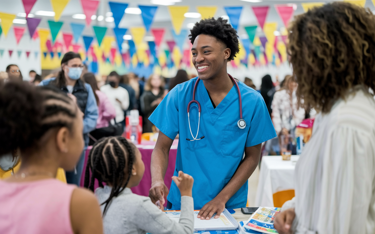 A medical student actively participating in a community health fair, dressed in a scrubs and engaging with families. Bright banners and community members in the background convey an energetic atmosphere. The student is smiling and sharing health information, showcasing their commitment and passion for service.