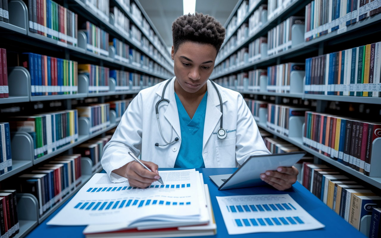 A determined medical student sitting in a library, surrounded by books and digital devices, researching various residency programs. A focused look on the student's face, highlighting specific articles about different programs and charts of their rankings, creating a sense of proactive engagement in the application process.