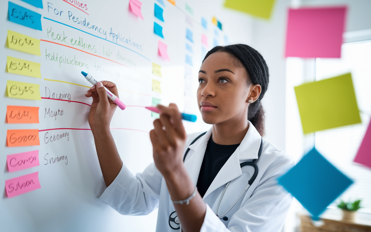 A medical student in a study space, creating a colorful timeline on a whiteboard, marking deadlines for residency applications. The student looks focused, with colorful markers and sticky notes around them. The room is bright and organized, emphasizing a sense of preparation and planning.