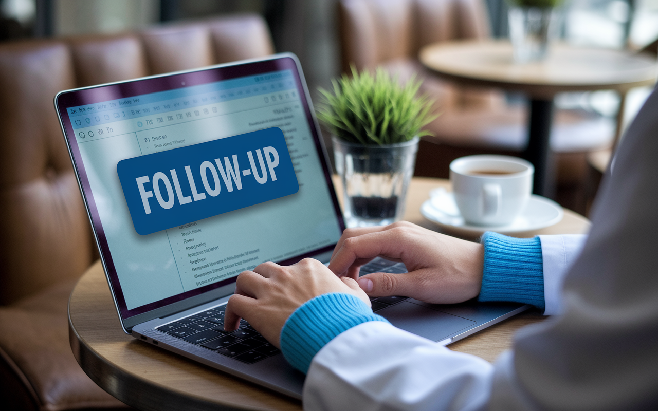 A medical graduate typing a follow-up email on their laptop, with a calm and professional demeanor. The screen shows the recipient's address and an email draft. The setting is a cozy café, giving a relaxed vibe to a serious task of maintaining communication.