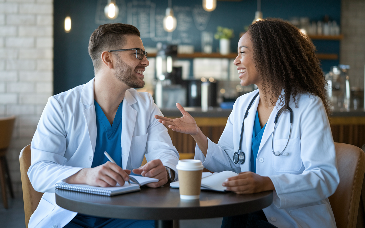 A medical student having a conversation with a current resident in a friendly coffee shop setting. They are animatedly discussing residency application strategies, with notebooks and coffee cups on the table, highlighting collaboration and mentorship.