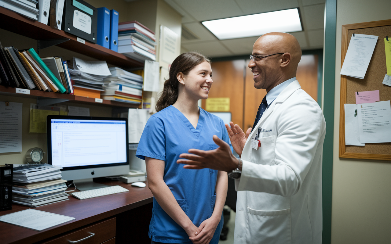 A candid moment between a young medical professional and a mentor inside a hospital office, discussing strategies for obtaining letters of recommendation. The office features medical books on shelves, a computer with a well-organized work desk, and a bulletin board with notes and reminders. The young professional looks eager and attentive, while the mentor gestures with enthusiasm, showcasing a vibrant, constructive conversation.