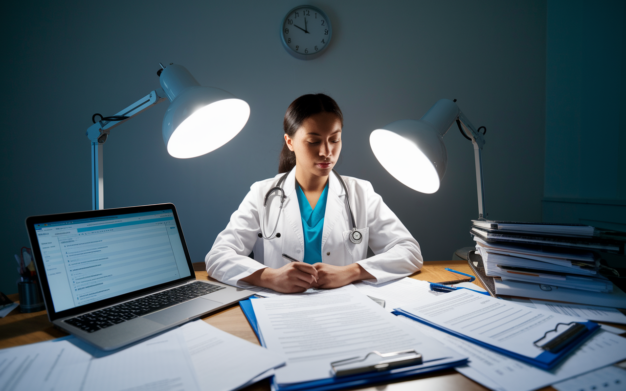 A medical student is sitting at a desk with a checklist of application deadlines and requirements, looking focused and organized. The desk is cluttered with papers, a laptop displaying a residency application portal, and a wall clock indicating time management skills. A soft overhead light illuminates the scene, creating an atmosphere of diligence and professionalism in the preparation process.