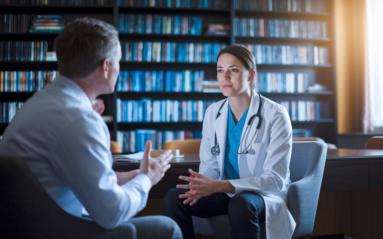 A medical candidate engaging in a mock interview with a mentor inside a cozy study room. The setting is filled with bookshelves, and the candidate is seated, dressed professionally, appearing confident yet nervous. The mentor, sitting across, offers feedback while the candidate answers questions. Natural light streams through a window, creating an ambiance of support and preparation for the real interview.