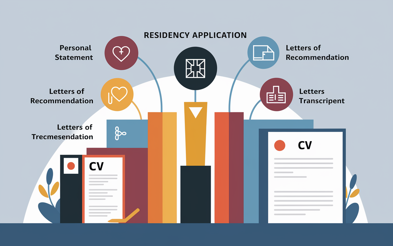 An infographic-style image showing the components of a residency application. Elements include a personal statement, letters of recommendation, transcripts, and CV. Each section is visually distinct, with icons representing each component. The background is a simple gradient, evoking a sense of professionalism and clarity. Soft lighting emphasizes the importance of careful preparation for these application elements.