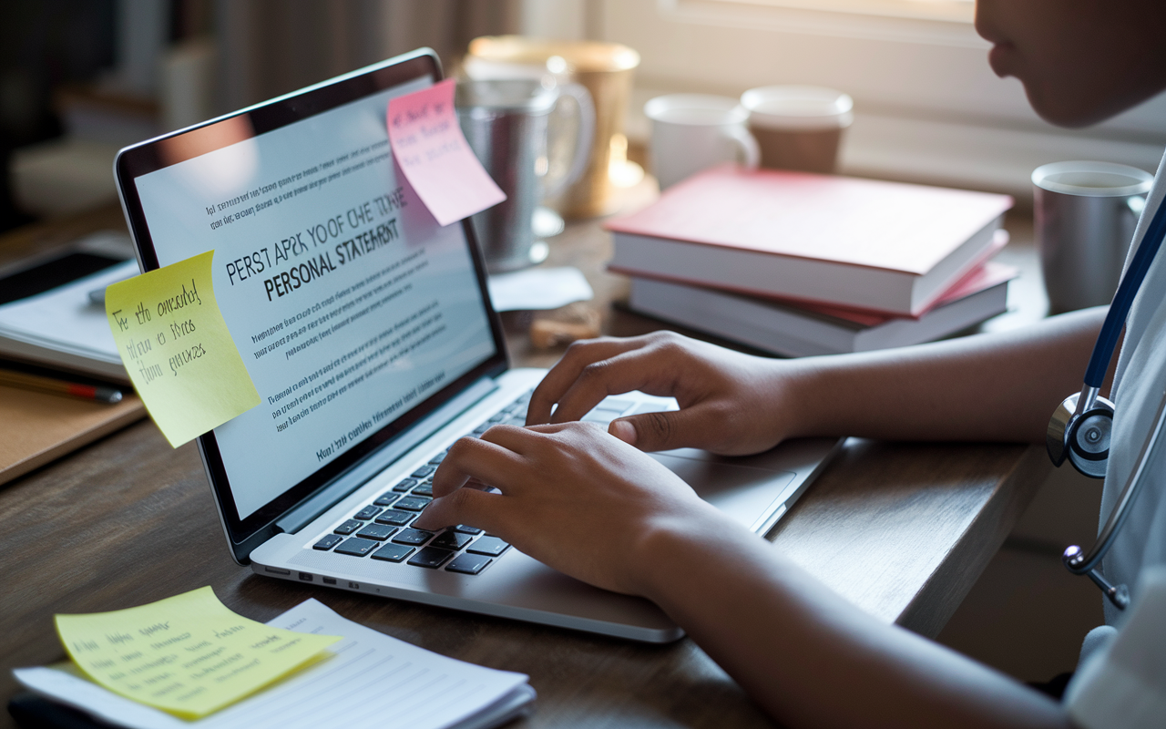 A close-up of a young medical student’s hands typing on a laptop, with the screen displaying a draft of a personal statement. There are sticky notes with inspirational quotes and reminders in the foreground, and the background shows a cluttered yet inviting study space with medical textbooks and coffee mugs. Warm ambient light floods the scene, creating an atmosphere of focus and creativity.