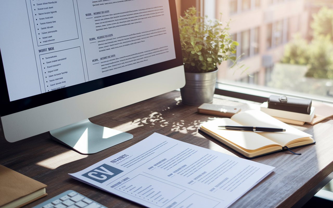 A desktop scene displaying a well-organized CV template on a computer screen next to a printed version. The CV contains bullet points and clear formatting that highlight academic and professional achievements. A notebook with notes about past roles is nearby with a pen resting on it. Soft, natural light from a window bathes the workspace, symbolizing clarity and attention to detail.