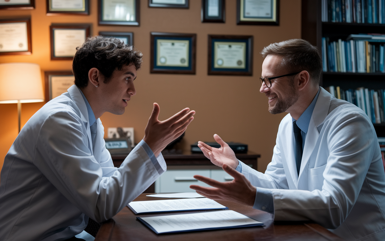 A medical student is seen in deep conversation with a mentor in a cozy office filled with medical books and framed certificates. The mentor is animatedly discussing the key strengths of the student, with a document prepared for a recommendation letter on the table between them. The warm, inviting light creates a nurturing atmosphere that emphasizes the importance of strong relationships in securing detailed recommendations.