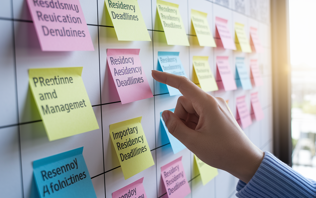 A close-up of a colorful wall planner tagged with important residency application deadlines and reminders, along with sticky notes. A hand is shown pointing to a specific date on the planner, symbolizing the importance of organization and time management in the residency application process. Bright lighting enhances the urgency and focus required for meeting deadlines.