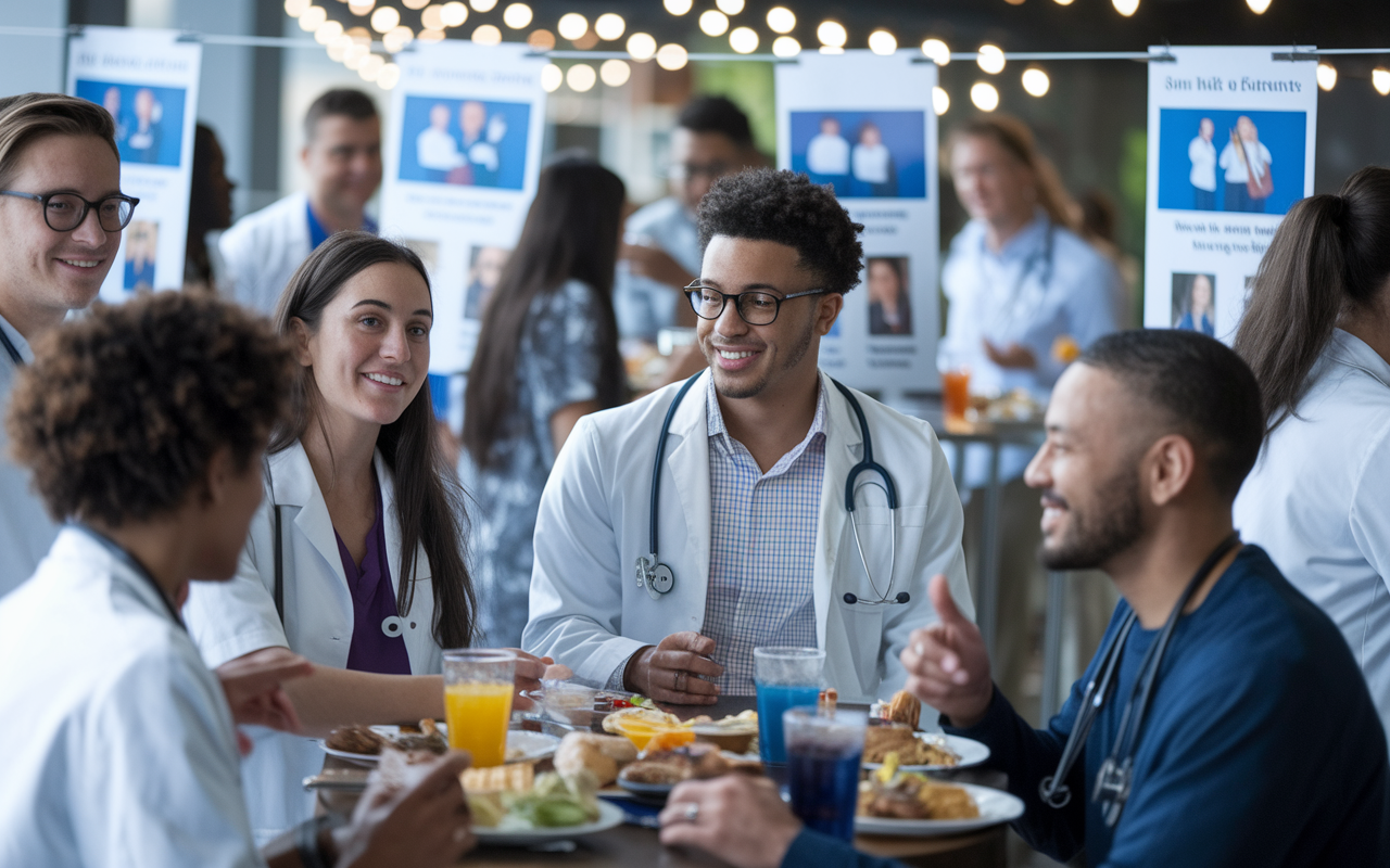 A group of medical students interacting with current residents at a casual networking event. The ambiance is lively, with snacks and drinks on tables and posters of various residency programs hanging around. The students are seen asking questions and engaging, showcasing the importance of communication and relationship-building. Soft lighting highlights the camaraderie and collaborative spirit of the event.