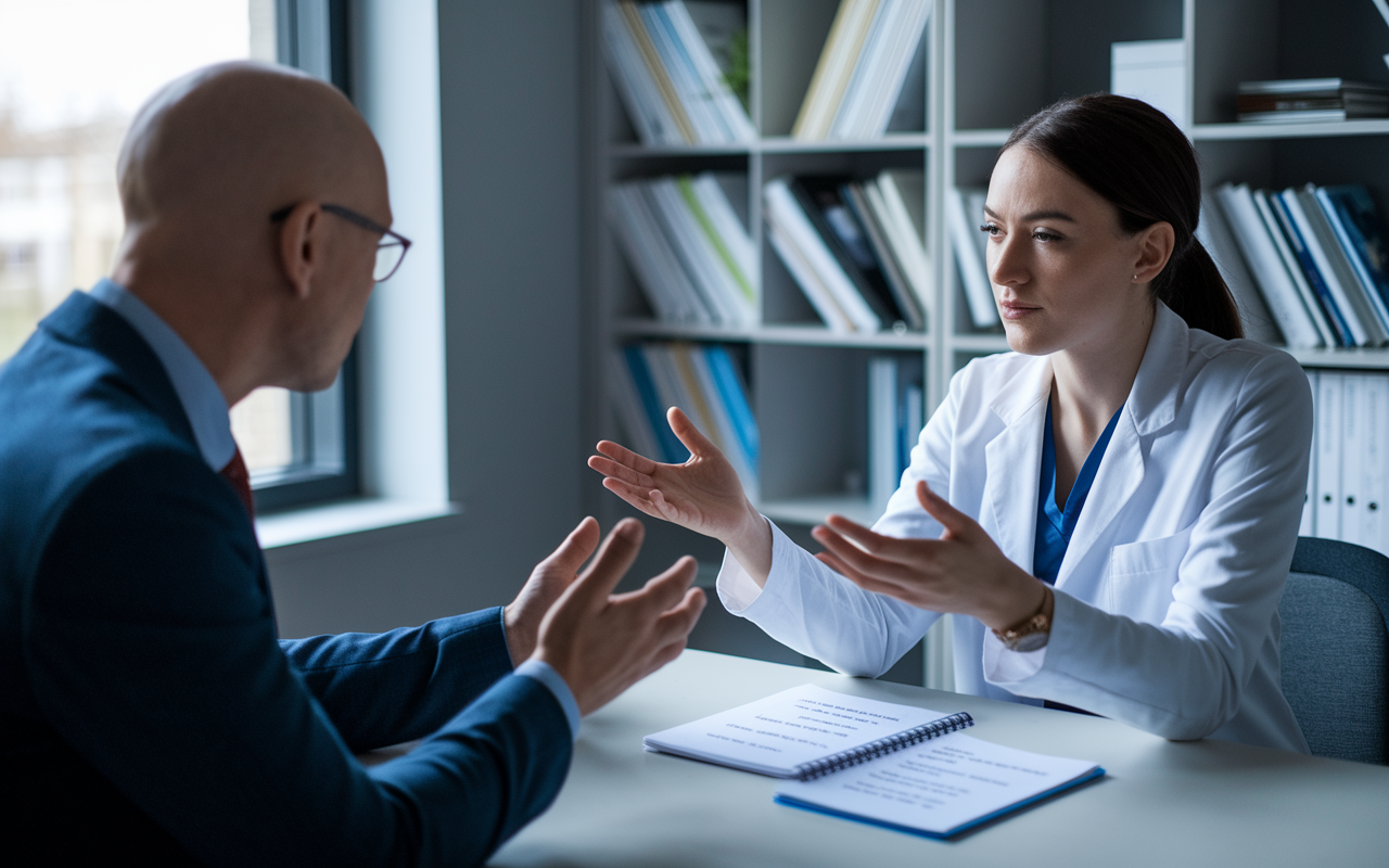 A mock interview scene in a well-lit office, where a medical student is practicing responses to interview questions with a mentor. The mentor is providing feedback, and a notepad filled with written questions sits on the table between them. The background contains a bookshelf with medical literature, symbolizing the importance of preparation and learning. The atmosphere is focused yet encouraging.