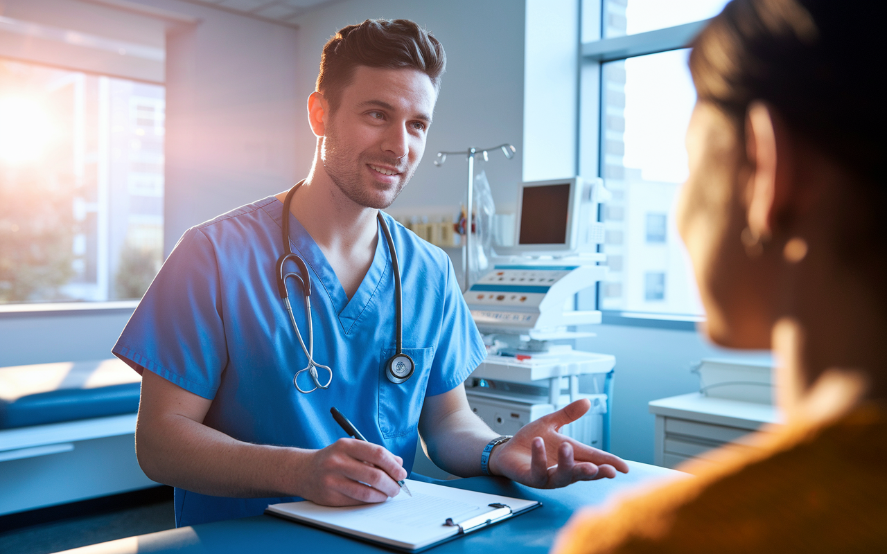 An image showing a medical student in scrubs actively participating in a clinical setting, speaking with a patient and taking notes. The environment is a patient’s room, with medical equipment in the background. The scene emphasizes hands-on learning and patient interaction. Sunlight streams through a window, adding warmth to the clinical experience and capturing the essence of practical skills in medicine.