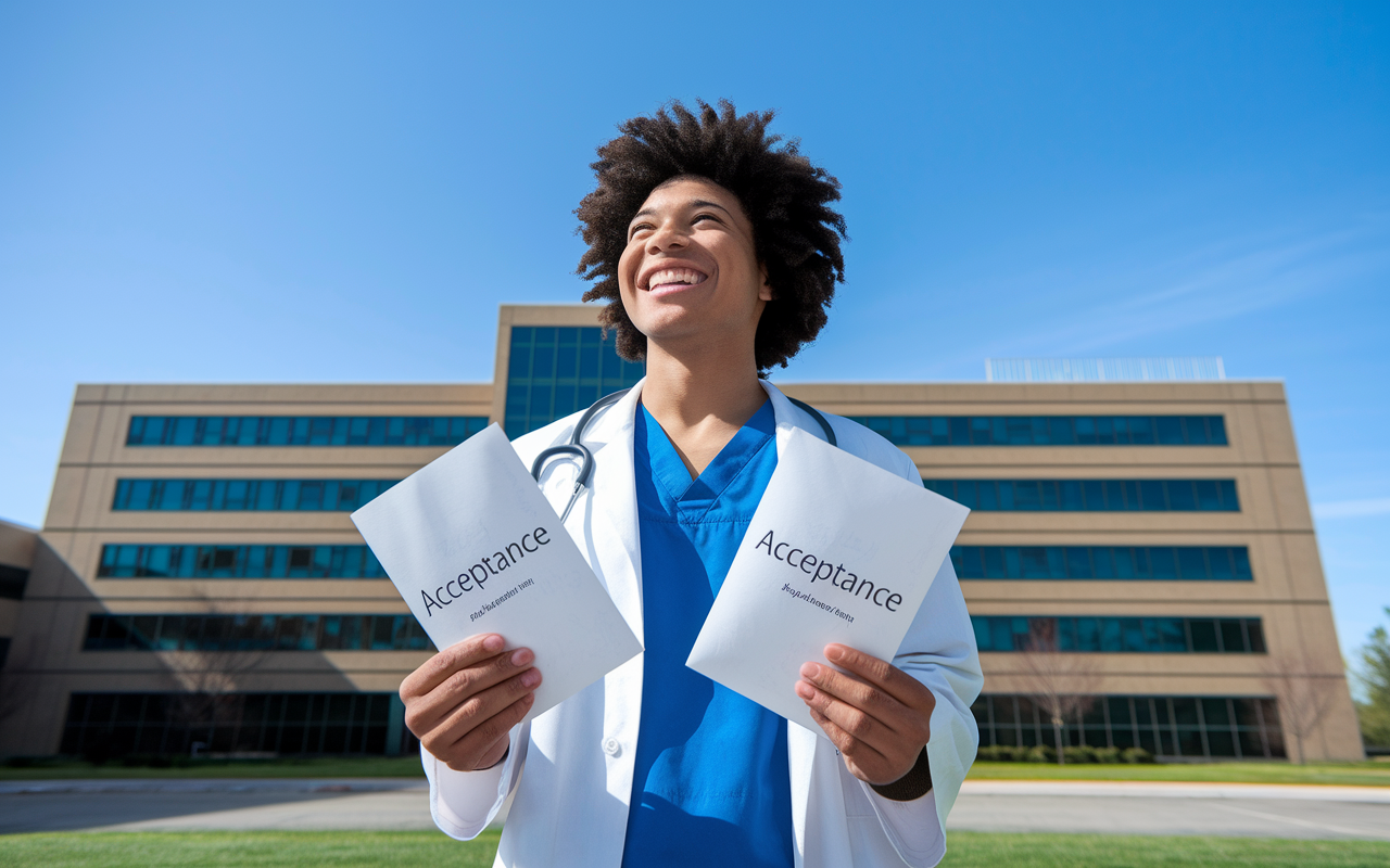 A serene and hopeful scene of a medical student standing in front of a hospital, holding acceptance letters in hand, with a big smile on their face. The sky is clear and bright, symbolizing success and a promising future in medicine. The hospital is depicted in the background, representing the culmination of hard work and determination in the residency application journey.