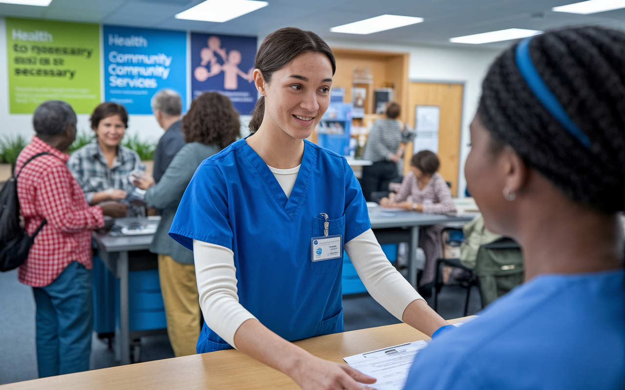 A young woman named Maria, dressed in scrubs, is providing support to a nurse in a vibrant community clinic. She assists with patient check-ins, her expression conveying empathy and dedication. The clinic setting is busy yet organized, with diverse patients interacting and health posters on the walls, illustrating the importance of community health services.