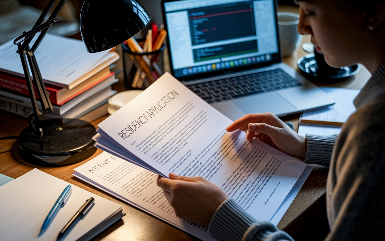 An intimate close-up shot of a student sitting at a desk cluttered with papers and textbooks, intently proofreading a thick residency application document. The warm lighting creates a cozy atmosphere, highlighting the shadows cast by the desk lamp. The student's expression is focused, surrounded by pens, coffee, and a laptop showing editing software. The scene conveys dedication and attention to detail.