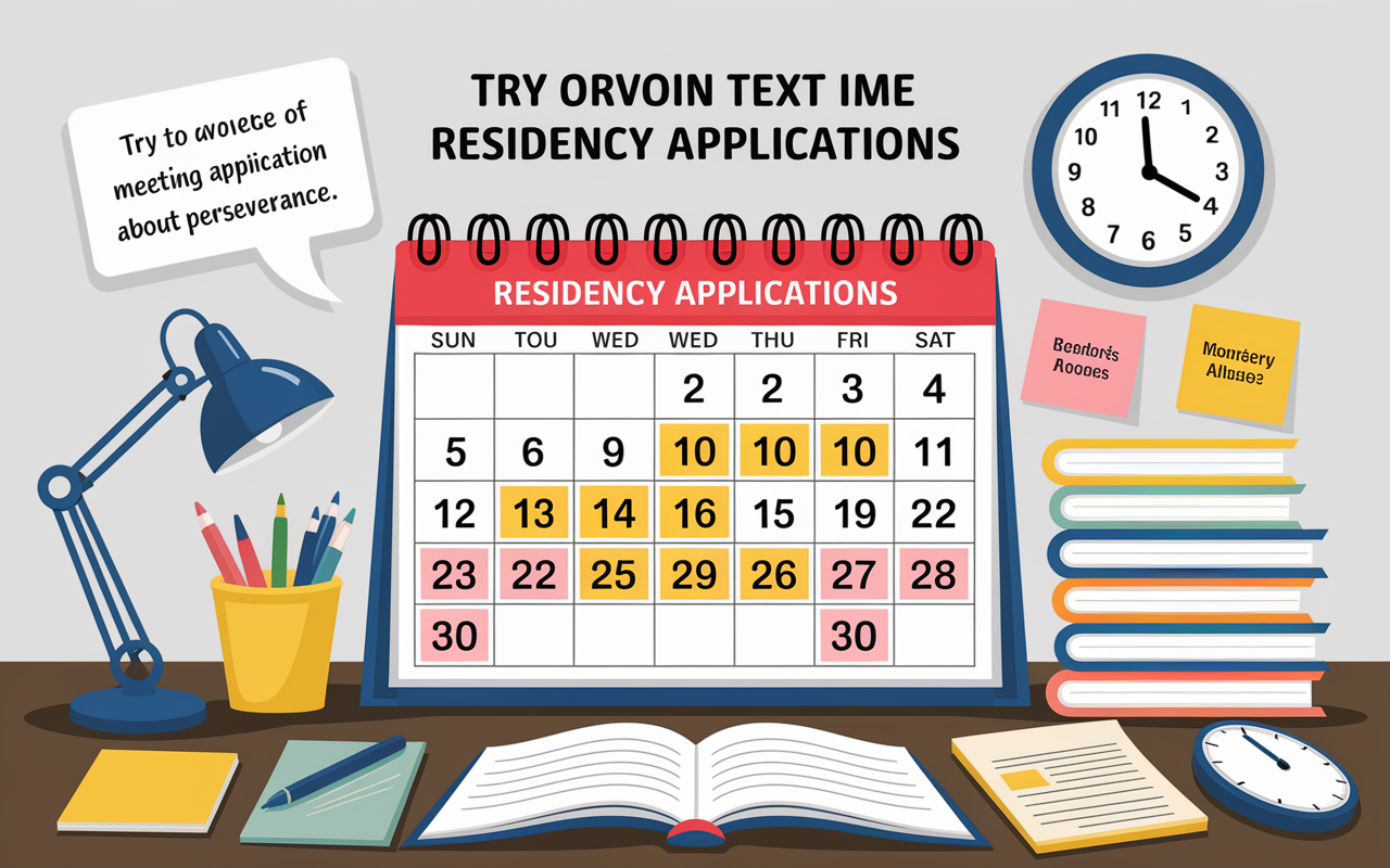 A visual representation of a calendar filled with deadlines, sticky notes, and reminders, displaying a well-structured time management strategy for residency applications. The workspace is organized with a clock on the wall and an inspirational quote about perseverance. The scene captures the essence of determination and preparation, reflecting the urgency of meeting application deadlines.