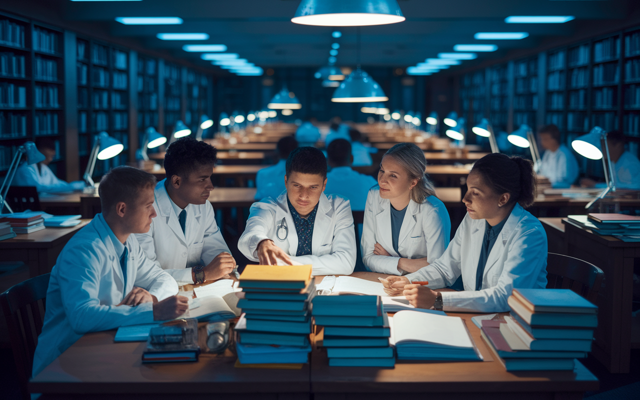 A group of medical students working late at a library, piles of books, and study materials around them. One student is passionately engaging with a group, sharing insights, while others look on attentively. The library has a warm glow from desk lamps, casting soft shadows and highlighting the intensity of their focus and determination. An atmosphere of camaraderie and pressure fills the air.