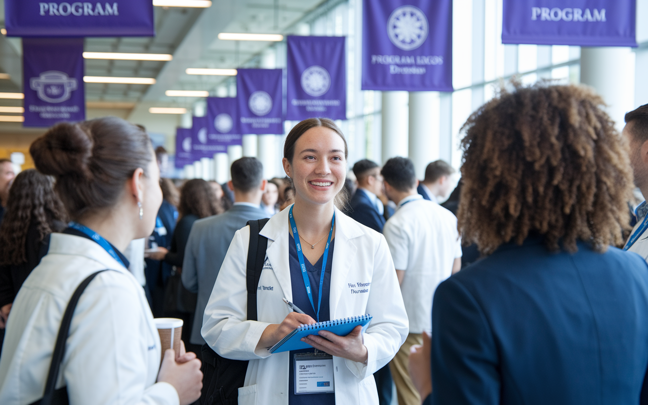 A medical student networking at an open house event, engaged in conversation with program directors. The setting is vibrant with banners displaying program logos, and other students are mingling in the background. The student appears confident and enthusiastic, with a notepad ready to take notes. Bright lighting highlights the atmosphere of opportunity and connection.