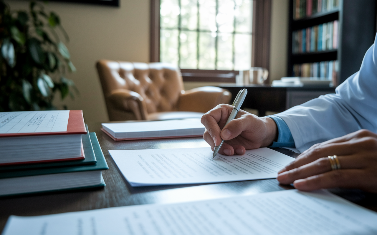 A close-up scene of a faculty member writing a letter of recommendation, with a focused expression. The desk is littered with medical textbooks and notes on a nearby chair, and a window allows natural light to illuminate the scene. The atmosphere reflects commitment and responsibility, with a warm, inviting ambiance.