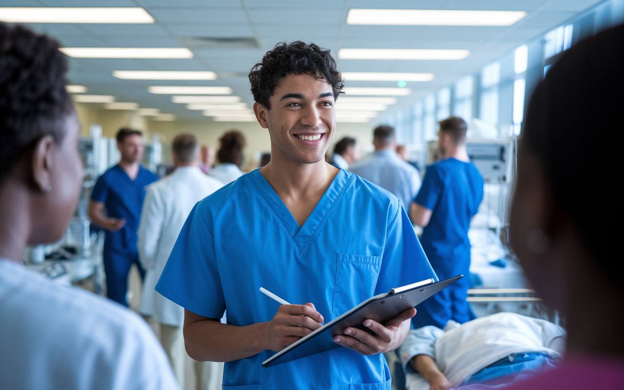 A medical student in scrubs interacting with patients in a clinical setting. The student is smiling and empathetic, holding a clipboard with notes. The background shows a busy hospital ward with staff conversing and patients being attended to, creating a dynamic and energetic atmosphere that portrays the realities of medical practice.