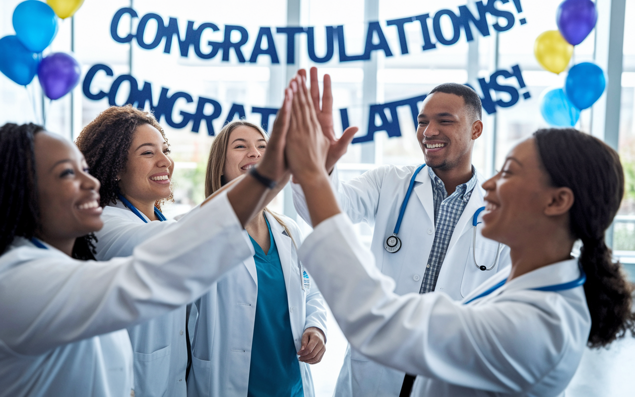 A diverse group of medical students celebrating success after matching into residency programs. They are in a bright and airy space, hugging and giving high-fives with smiles all around. Balloons and banners displaying 'Congratulations!' fill the background, creating an atmosphere of joy and achievement, radiating hope and excitement for their future in medicine.