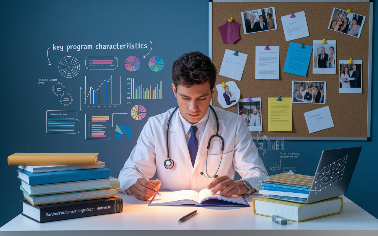 A scene showing a focused medical student at a desk cluttered with medical books and digital resources, engaged in research about residency programs. The student is highlighted with a soft focused glow, surrounded by vibrant graphs and charts on a laptop screen, illustrating key program characteristics. A notice board in the background is filled with pinned notes, reminders, and photos of networking events, symbolizing their dedication to making informed choices.