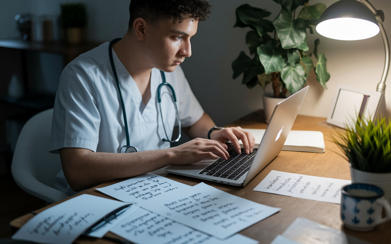 An image depicting a determined medical student typing their personal statement on a laptop in a cozy study area. The desk is filled with handwritten notes and inspirational quotes. A potted plant next to them adds to the warmth, while a soft lamp illuminates the space, creating an atmosphere of reflection and creativity as they connect personal experiences to their medical journey.