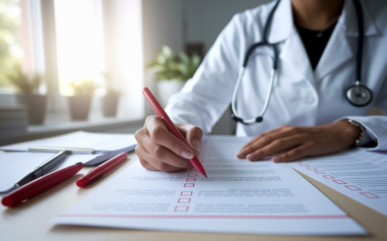 A close-up of a medical student's focused expression while reviewing their application materials surrounded by red pens and correction notes. They are seated in a serene, well-lit study room with natural light streaming through the window, symbolizing clarity and meticulousness. A printed checklist of things to review is visible, indicating their dedication to high standards.