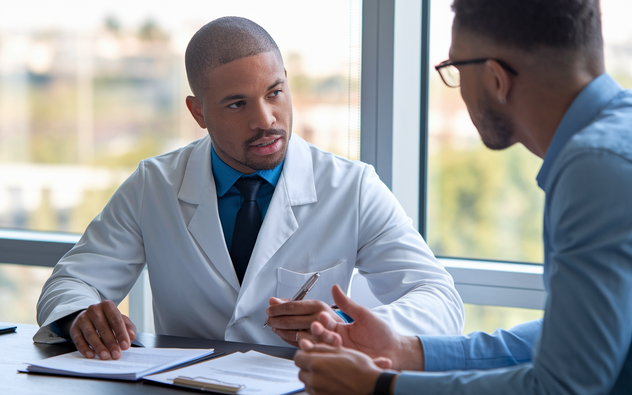 An image capturing a medical student discussing their goals with a mentor in an office setting. The mentor, sitting in a professional attire, is providing feedback while looking over the student's CV and personal statement. A window in the background with soft daylight enhances the ambiance of collaboration and support as they build strong letters of recommendation.