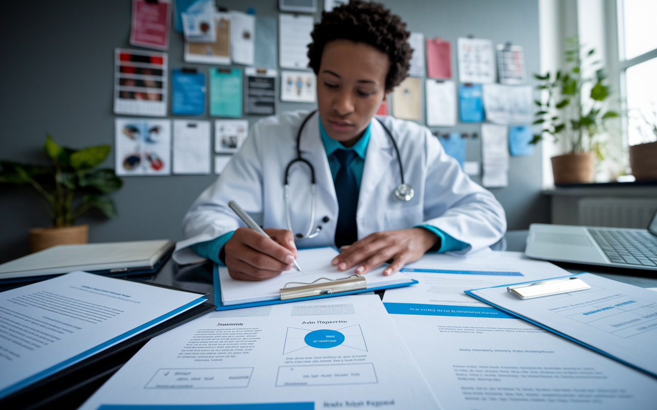 A focused medical student working diligently at a desk filled with medical reports and research papers, illustrating their clinical experiences. The documents highlight growth and achievements with marked bullet points. The environment is dynamic yet organized, with a vision board containing inspiring career goals in the background, embodying ambition and dedication.