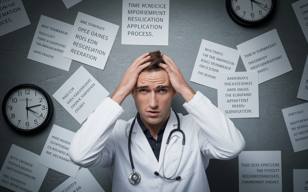 A hectic scene showing a calendar marked with important application deadlines. A stressed medical student surrounded by clocks and reminders looks overwhelmed, emphasizing the importance of time management in the residency application process. The lighting is dramatic, capturing tension, highlighting the urgency of timely submissions.