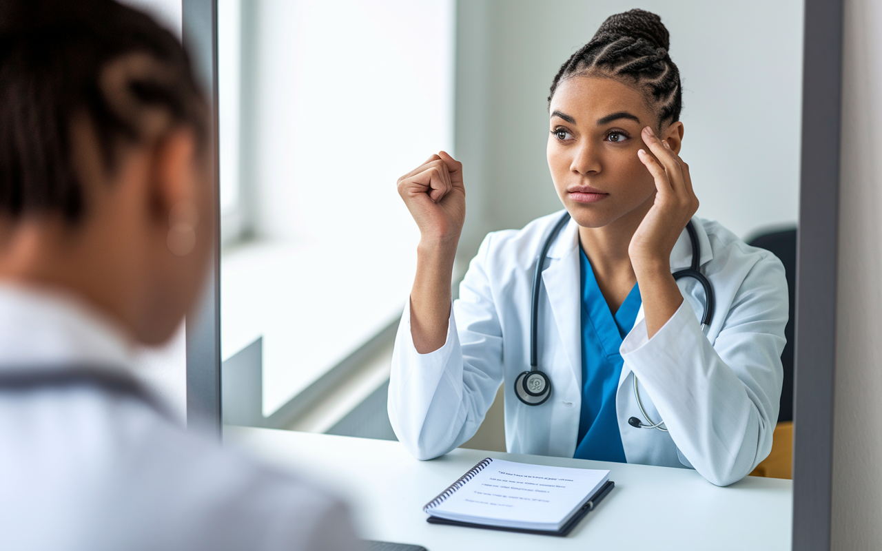 An image of a medical student practicing for an interview in front of a mirror, dressed in professional attire, exuding confidence and focus. The reflection shows determination and preparation, while a notepad with common interview questions lies on the table. The lighting is bright and encouraging, symbolizing readiness for the challenge ahead.