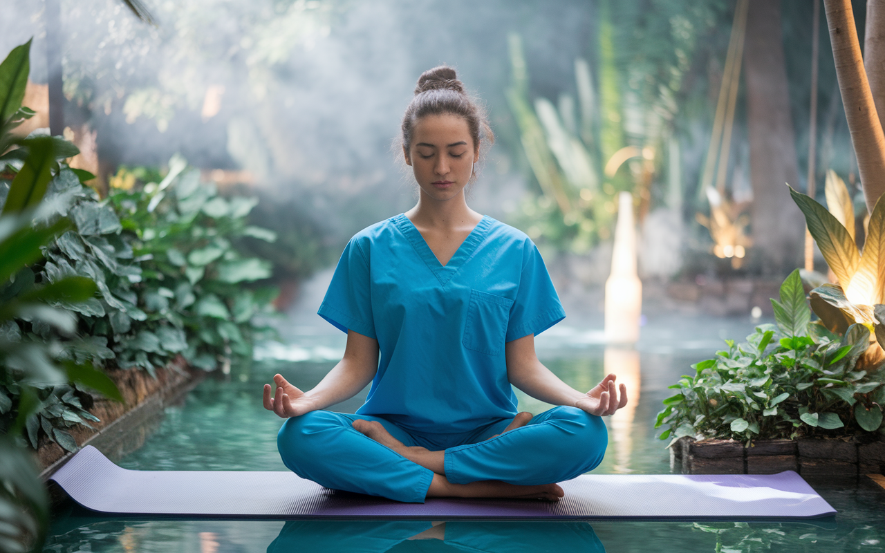 A serene scene of a medical student practicing yoga or meditation in a tranquil environment, surrounded by plants and soothing light. This conveys a sense of calmness and balance amidst the application pressures, emphasizing the importance of stress management and mental well-being. The atmosphere is peaceful, promoting self-care and mental clarity.