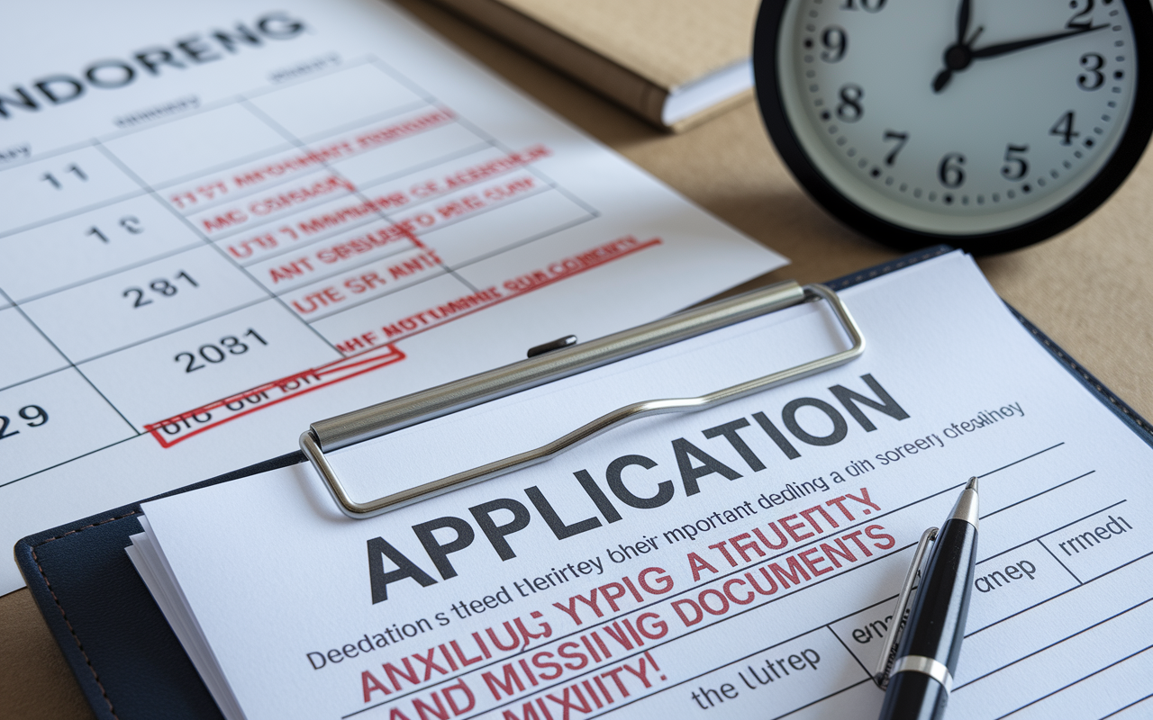 A close-up of a student's application with glaring red corrections marking typos and missing documents. The scene shows a flurry of anxiety as the student realizes their important deadlines loom. The background features a calendar with marked dates for submission, and a clock ticking, emphasizing the urgency and stress.